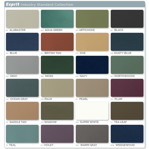 A color swatch chart titled "Esprit Industry Standard Collection." The image features a grid of 24 rectangular color samples arranged in six rows and four columns. Each sample includes a two-letter code and the color name printed in light gray text beneath it.