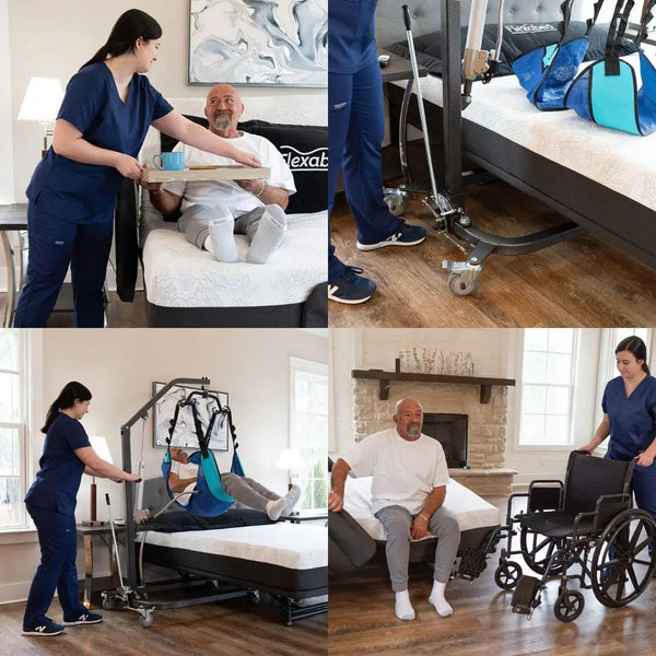 Flexabed Hi-Low SL adjustable home care bed shown in multiple scenes with a caregiver assisting an adult user, including in-bed support, height adjustment, patient lift use, and wheelchair transfer in a home setting.