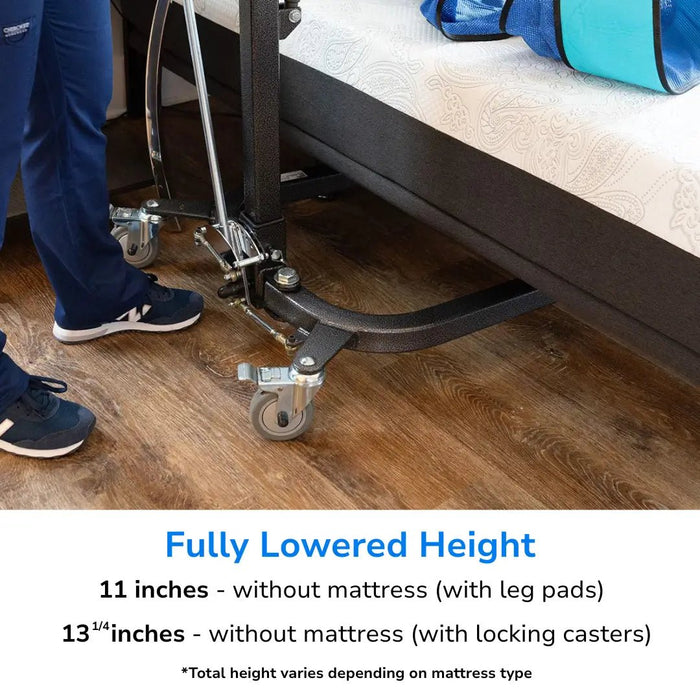 Flexabed Hi-Low SL adjustable home care bed shown at fully lowered height, highlighting caster wheels, bed frame clearance, and listed height measurements without a mattress
