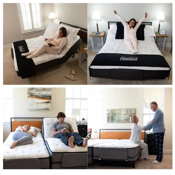 Flexabed Premier adjustable home care bed shown in different positions, including head elevation for reading, flat sleeping position, and assisted standing in a residential bedroom.