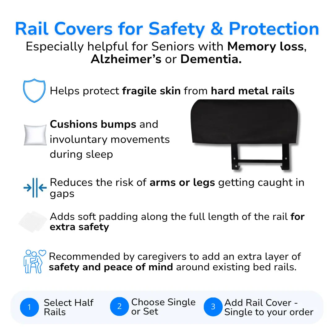 Black padded bed rail cover designed for safety and protection, helping cushion hard metal rails and reduce risk of injury for seniors with memory loss, Alzheimer’s, or dementia.