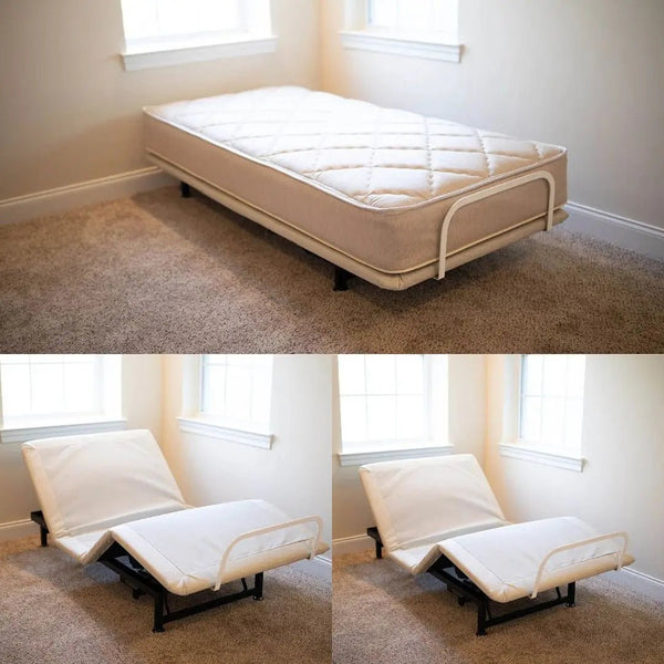 Flexabed Value-Flex adjustable bed shown in flat, head-elevated, and foot-elevated positions in a home care bedroom setting