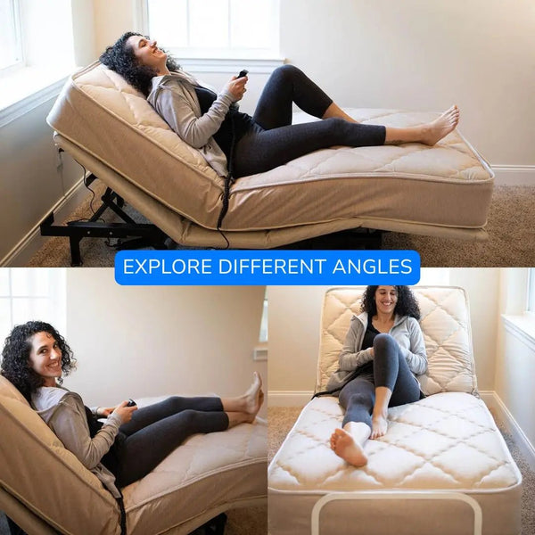 Person using a Flexabed Value-Flex adjustable bed at different angles, demonstrating head and foot adjustability for home care comfort