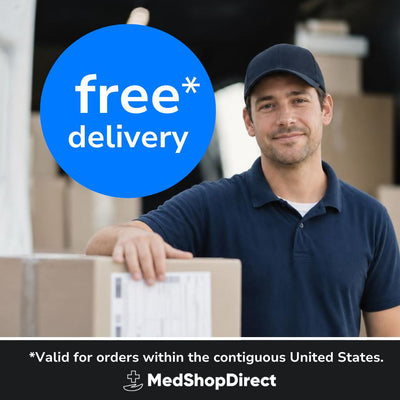 Man holding a package with 'free delivery' text and MedShopDirect logo.