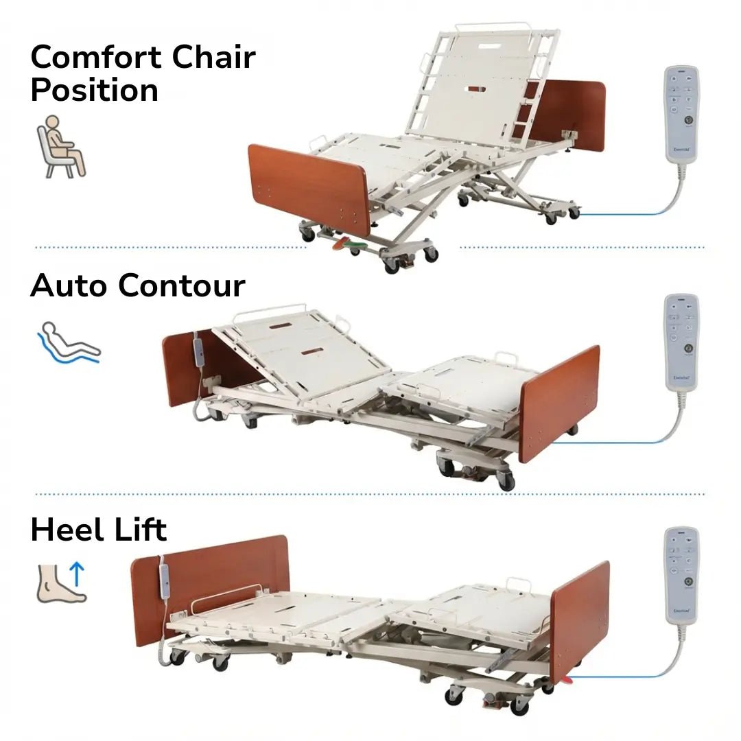 Full electric bariatric hospital bed showing comfort chair position, auto contour adjustment, and heel lift controlled by remote