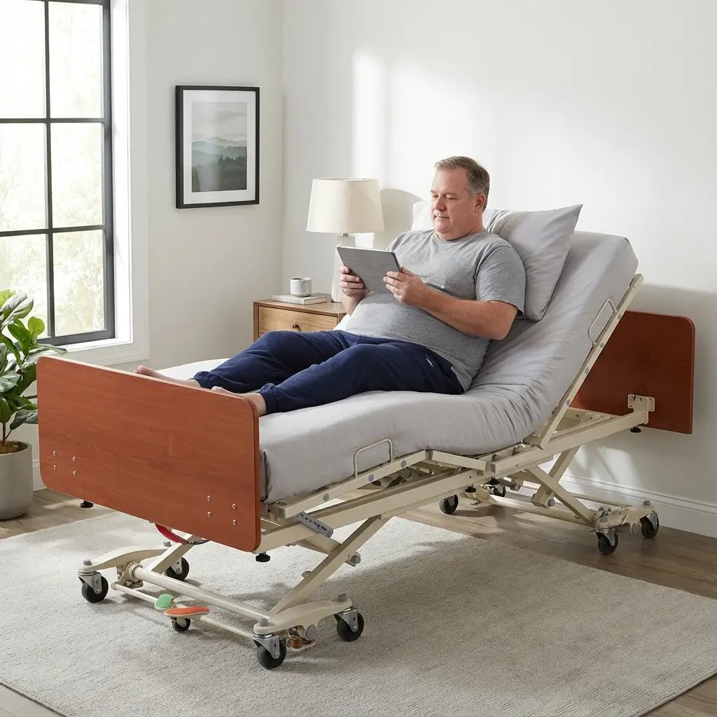 Man resting on a full electric heavy duty bariatric hospital bed in a reclined position, demonstrating home use comfort and adjustable support