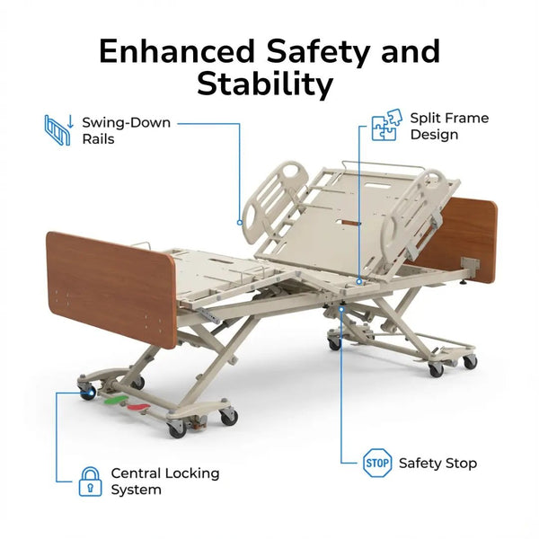 Full electric heavy duty bariatric hospital bed with swing-down rails, split frame design, central locking system, and safety stop for enhanced patient stability