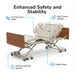 Full electric heavy duty bariatric hospital bed with swing-down rails, split frame design, central locking system, and safety stop for enhanced patient stability