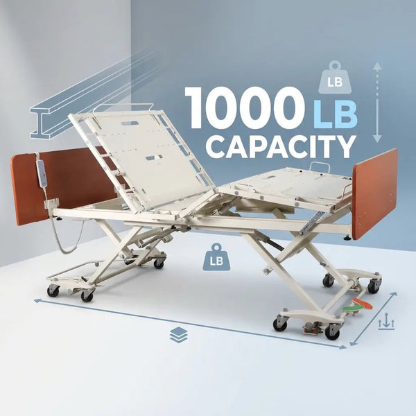 Heavy-duty adjustable bariatric hospital bed shown in an elevated position with side rails and wheels, highlighting a 1000 lb weight capacity and reinforced frame design
