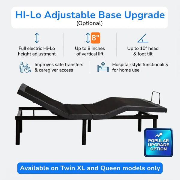 Hi-Lo adjustable bed base upgrade with electric height adjustment, up to 8 inches of vertical lift, head and foot tilt, and hospital-style functionality for home use.
