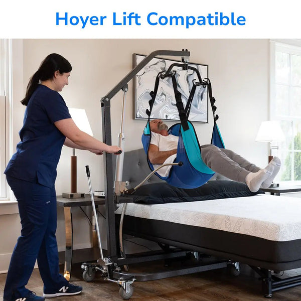 Caregiver using a Hoyer patient lift to safely transfer a man from an adjustable homecare bed, demonstrating lift compatibility and under-bed clearance for mobility equipment.