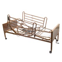 The Proactive Medical Semi Electric Hospice Bed features metal side rails, an adjustable frame, and wheels for mobility—designed to support and lift sections for patient comfort and hospice care.