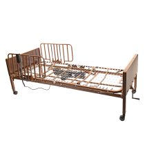 The Semi Electric Hospice Bed by Proactive Medical features metal side rails, a sturdy spring base, and wooden headboard and footboard on wheels. An electrical cord highlights its adjustable design for patient comfort.
