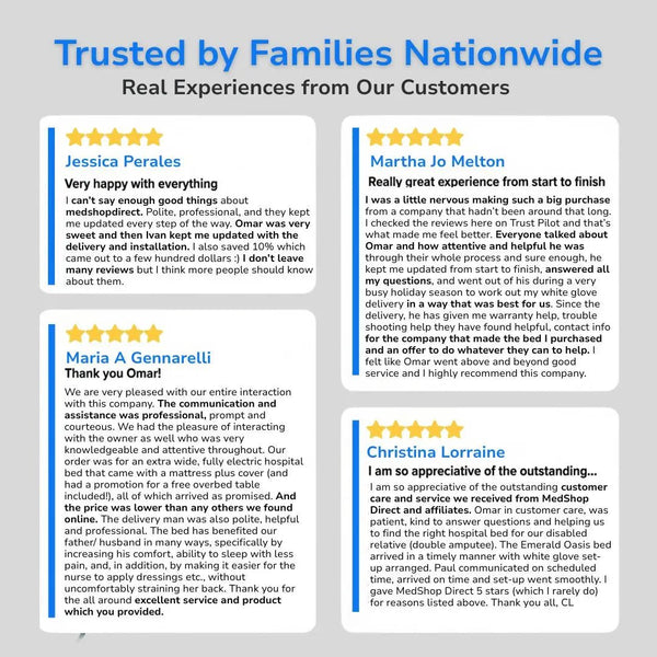 Customer testimonials and five-star reviews from families nationwide about hospital bed purchase, delivery, and white glove installation experience