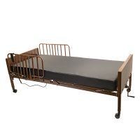 The Semi Electric Hospice Bed by Proactive Medical features a wooden frame, metal side rails, wheels for mobility, a dark mattress, and an easy-access control device for patient comfort and care.