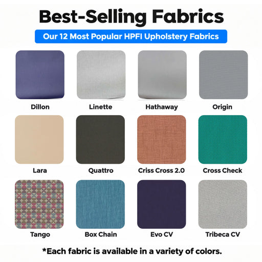 Best-selling HPFI upholstery fabrics featuring the 12 most popular options including Dillon Linette Hathaway Origin Lara Quattro Criss Cross Cross Check Tango Box Chain Evo CV and Tribeca CV