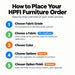 How to place your HPFI furniture order step-by-step guide showing 5 steps choose fabric grade choose a fabric choose color choose options and choose option finish