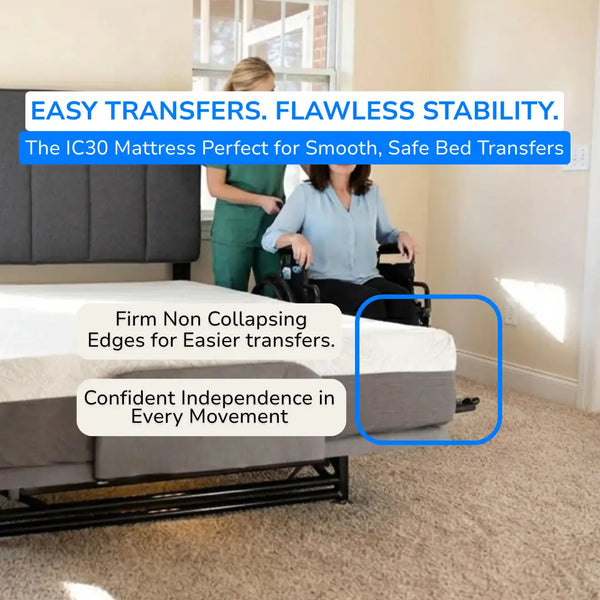 Close-up of a patient sitting on the extra-firm edge of a Transfer Master Ascent mattress, demonstrating secure and stable bed transfers from a wheelchair.