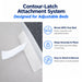 IC30 Contour-Latch mattress attachment system before and after comparison showing mattress without and with secure velcro connection to adjustable bed frame