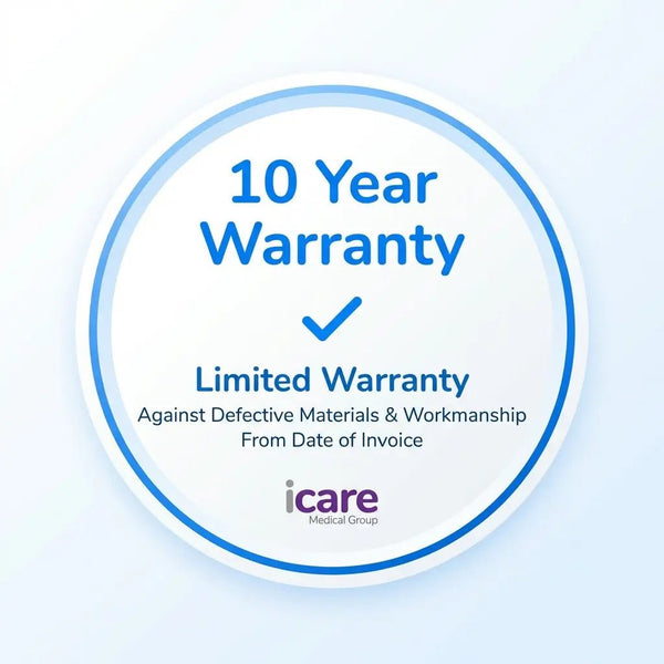 10 Year Limited Warranty badge from icare Medical Group covering defective materials and workmanship from date of invoice.