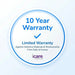 10 Year Limited Warranty badge from icare Medical Group covering defective materials and workmanship from date of invoice.