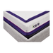 A close-up, high-angle view of the corner of a mattress, showing the white top surface with purple side trim and the "icare Medical Group" logo stitched on the side.