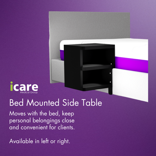 A marketing graphic shows the shelf unit mounted to a modern bed with grey upholstery and a purple-accented mattress, demonstrating its real-world application.