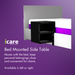 A marketing graphic shows the shelf unit mounted to a modern bed with grey upholstery and a purple-accented mattress, demonstrating its real-world application.
