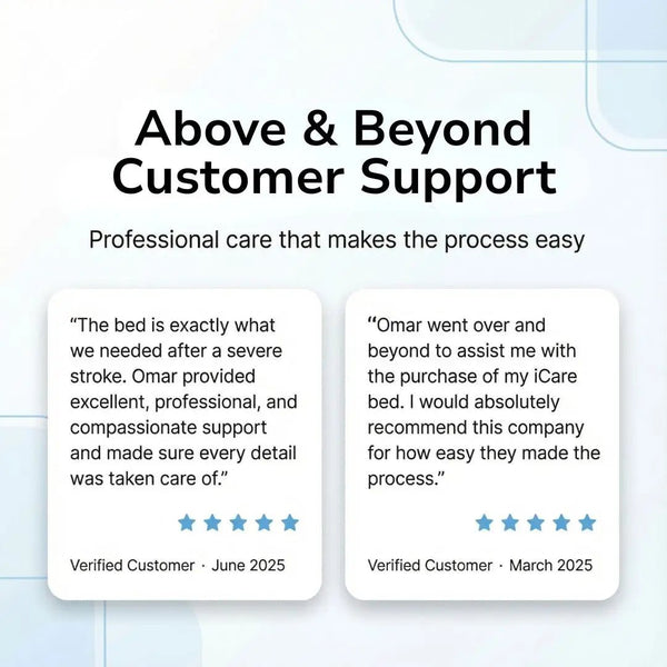 Verified customer reviews highlighting professional and compassionate support for the iCare adjustable electric home hospital bed.