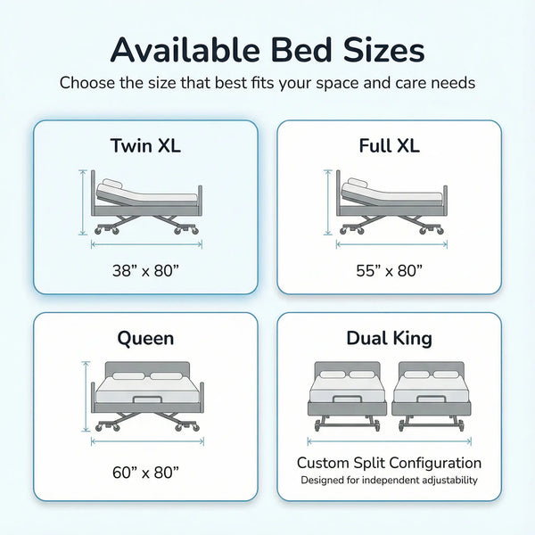 Available size options for the iCare IC333 adjustable electric home hospital bed, including Twin XL, Full XL, Queen, and Dual King configurations.