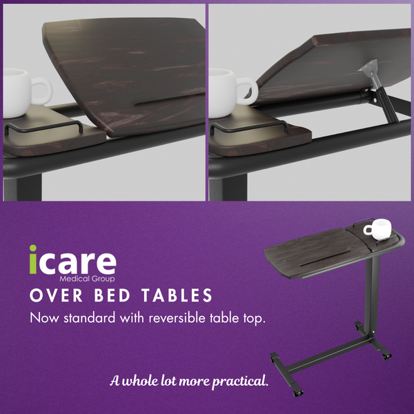 Marketing graphic for Icare over bed tables featuring a deep purple background. The top half shows two images of the table top in different tilted positions. The bottom half features the iCare Medical Group logo and the text: "OVER BED TABLES. Now standard with reversible table top. A whole lot more practical." A small image of the full table is in the bottom right corner.