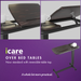 Marketing graphic for Icare over bed tables featuring a deep purple background. The top half shows two images of the table top in different tilted positions. The bottom half features the iCare Medical Group logo and the text: "OVER BED TABLES. Now standard with reversible table top. A whole lot more practical." A small image of the full table is in the bottom right corner.