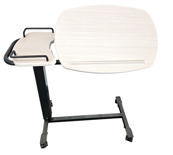 A studio shot of an Icare over bed table isolated on a white background, viewed from a high angle. The "White Ash" wood-grain table surface is in a tilted position.