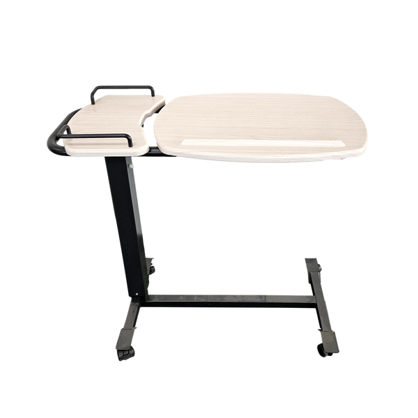 A studio shot of an Icare over bed table isolated on a transparent background. It features a light-colored "White Ash" wood-grain top and a black metal frame with caster wheels.