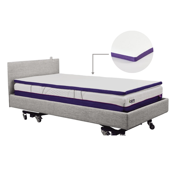 An Icare medical bed fitted with a white mattress overlay featuring a purple trim, with an inset circular detail highlighting the overlay's texture and edge profile.
