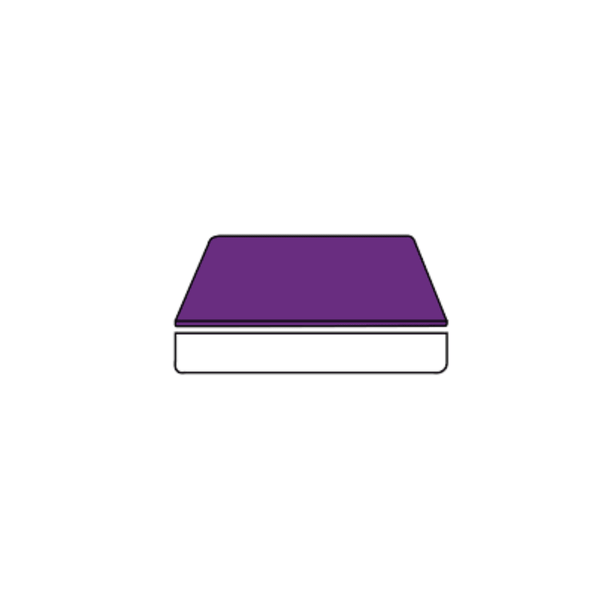 A simple diagram showing a thin, dark purple mattress overlay positioned directly on top of a plain white mattress base.