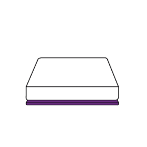 A simple diagram showing a thin, dark purple mattress overlay positioned directly beneath a white mattress base.