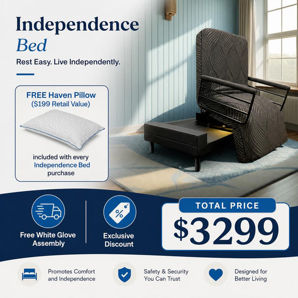 The Independence Bed adjustable rotating chair bed for seniors with sit-to-stand lift assist