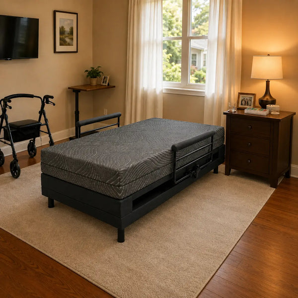 Independence Bed set up in a home bedroom in flat position with rollator walker and nightstand nearby