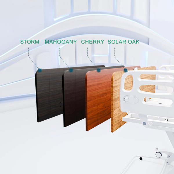 A white hospital bed frame shown in a clean white clinical room setting, with four wood finish options displayed beside it and labeled Storm, Mahogany, Cherry, and Solar Oak.