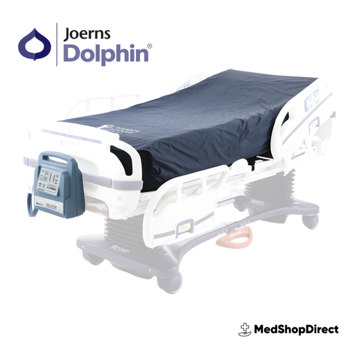 An image of the Joerns Dolphin Fluid Immersion Simulation (FIS) Mattress System on a bed/stretcher frame (Stryker brand visible). The mattress has a dark blue cover, and the blue Dolphin control unit is attached to the side.