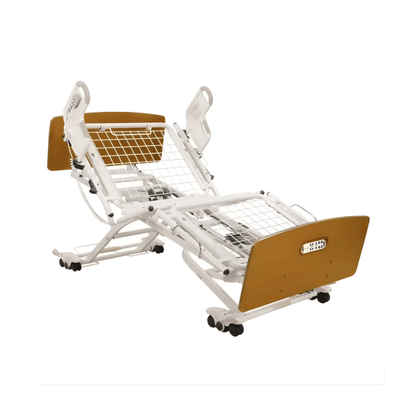 Joerns UltraCare XT hospital bed frame shown in a fully articulated position (head and knees raised) with decorative head and foot boards in a quartered oak finish.