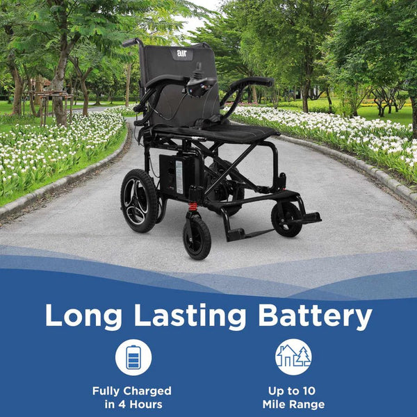 The Journey Air 2026 power wheelchair on a paved park path. Text icons indicate a "Long Lasting Battery" that fully charges in 4 hours and provides up to a 10-mile range.
