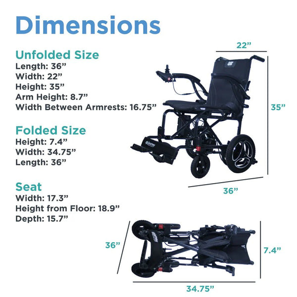 A technical graphic showing the Journey Air 2026 dimensions. Unfolded: 36"L x 22"W x 35"H. Folded: 36"L x 34.75"W x 7.4"H. Seat: 17.3"W x 15.7"D with an 18.9" height from the floor.