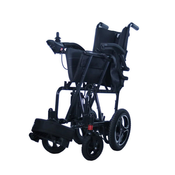 The Journey Air 2026 power chair shown in its folded position. The chair collapses vertically into a compact, flat shape, demonstrating its portability and ease of storage.