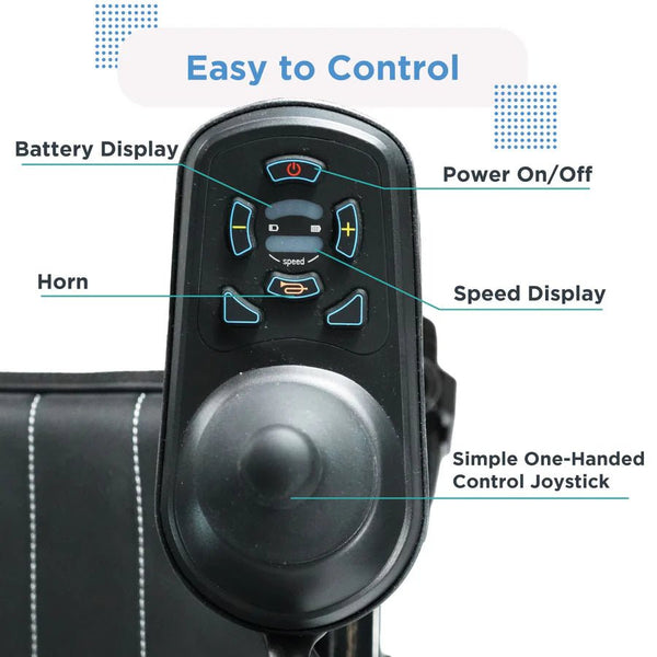 A close-up top view of the Journey Air 2026 control panel. Labeled features include a simple one-handed joystick, power on/off button, horn, battery level display, and speed adjustment display.
