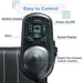 A close-up top view of the Journey Air 2026 control panel. Labeled features include a simple one-handed joystick, power on/off button, horn, battery level display, and speed adjustment display.