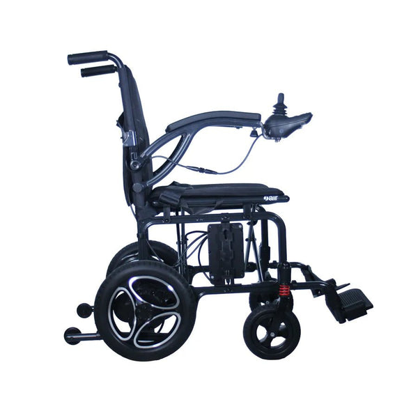 A side profile of the Journey Air 2026 power chair against a white background. The image highlights the ergonomic curved armrests, the rear anti-tipper wheels for safety, and the red suspension springs on the front casters.