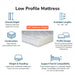 Low profile mattress infographic highlighting a 5.5-inch mattress height, reduced overall bed height, foam construction, lighter weight handling, available lengths, and compatibility with Premier and Hi-Low SL adjustable beds.