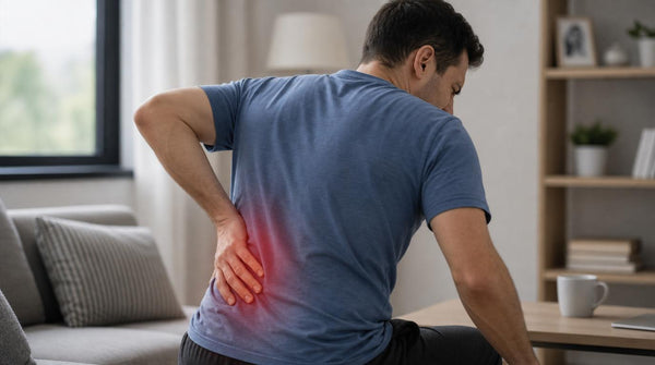Man experiencing back pain in a living room setting